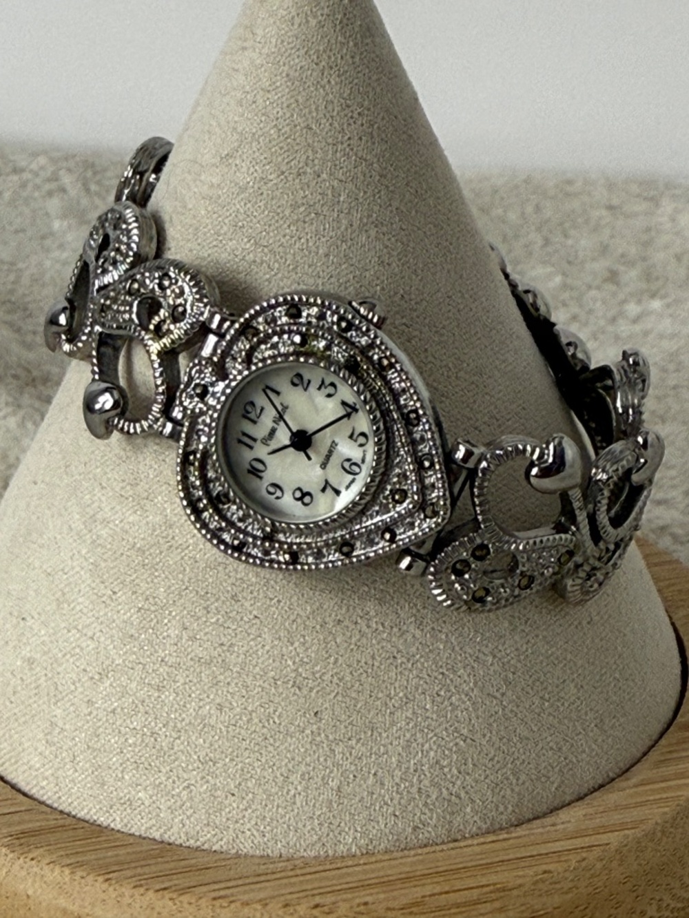 Vintage Pierre Nicol Silver Marcasite Quartz Watch with Heart Band